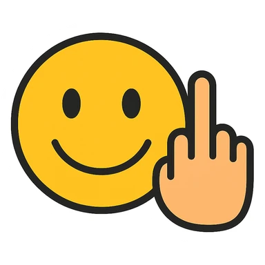 classic smiley face like 😊 emoji with a hand next to it showing the middle finger, modern icon style, clean lines, simple color palette sticker