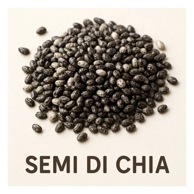 photo realistic close-up of black and white chia seeds on a light background with the text 'semi di chia' in Italian sticker