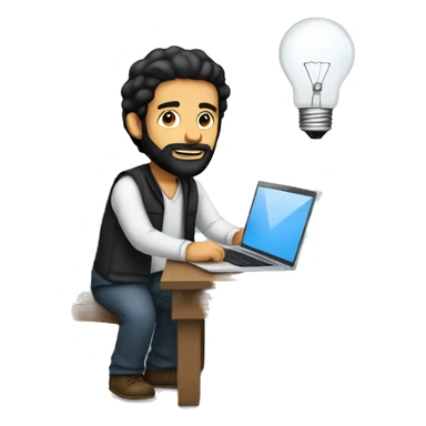 A Musliman man with black hair, and beard working on a laptop with a lightbulb above his head sticker