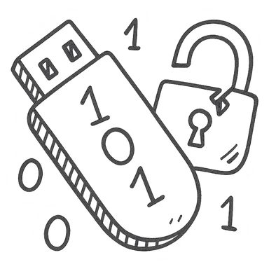 hand-drawn outlined icon of a USB drive and broken lock merged, tilted down-left, transparent, gray and black, with 1s and 0s inside sticker
