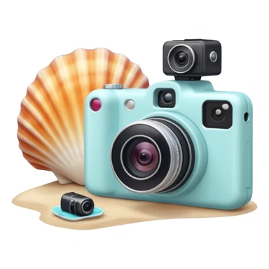 A seashell with a tiny camera next to it, symbolizing capturing beach memories. Playful, modern emoji style, soft pastel colors, white background. sticker