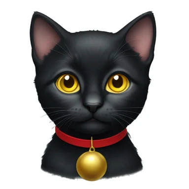 Black kitten with yellow eyes and a red collar with a little bell sticker