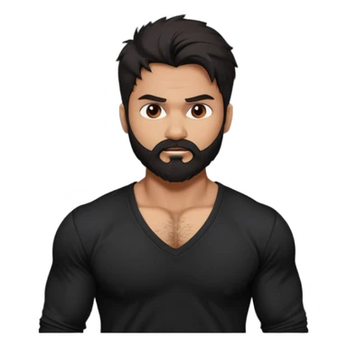 generate a pretty bratz Shahid kapoor with heavy beard and looking angry.
Make him wear a black full sleeve v neck tshirt. muscular but still lean
He shoudl look like shahid kapoor. Long messy black hair sticker