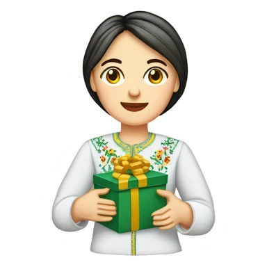 A female teacher in Ukrainian embroidery holds a gift in her hand sticker