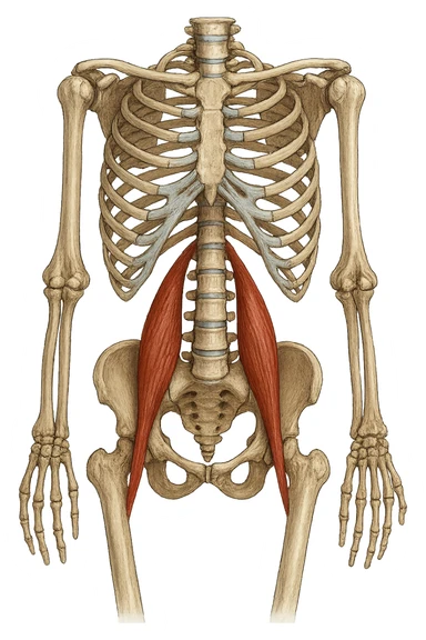 fai un immagine identica che riguarda IL MUSCOLO PSOAS i in evidenza (anatomicO) con colori naturali di un corpo umano. falla iperrealistica anatomica in 4k sticker
