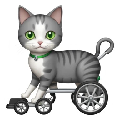 full body small short hair dark grey and white cat with green eyes walking in a wheelchair for cats sticker