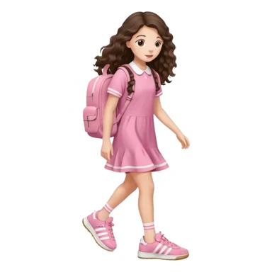 aestethic brunette very,very,very long wavy hair walking with a school backpack (no brand) with a cute pink dress, adidas samba shoes sticker