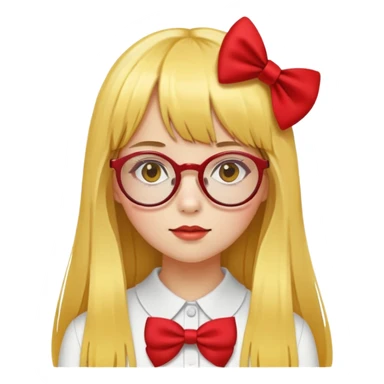 yellow skin girl with long straight hair, bangs, red bow on hair, round glasses sticker