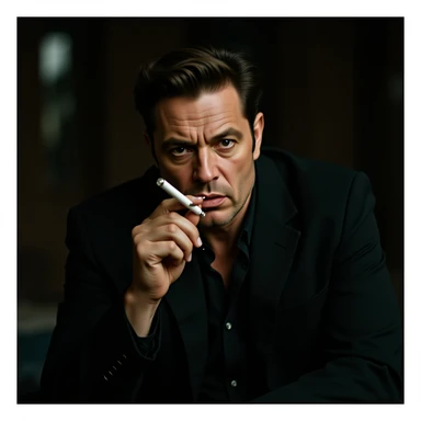 realistic illustration of Robert De Niro as Jimmy Conway in Goodfellas, sitting and smoking a cigarette, tense and contemplative expression, cinematic lighting sticker