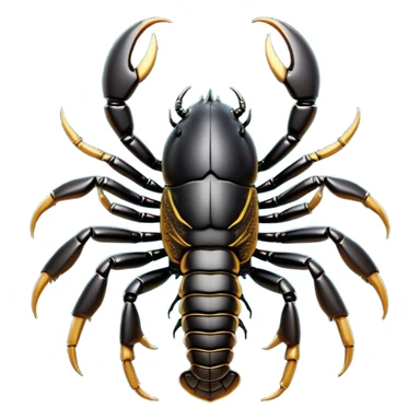 Cinematic Noble Emperor Scorpion Portrait Emoji, Poised and formidable, with a robust, armored build and a glossy, jet-black exoskeleton accented by striking, segmented pincers, deep-set piercing eyes, Simplified yet sharp and sophisticated features, highly detailed, glowing with a cool, dignified glow, high shine, intelligent and imposing, stylized with an air of ancient desert majesty, focused and attentive, soft glowing outline, capturing the essence of a watchful and commanding scorpion that feels as though it could silently creep out of the screen with effortless authority! sticker