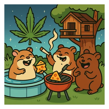 Discord server icon, 512x512 px, square format, summer pool cookout scene with up to 3 hamsters laughing and having a good time, weed leaf, cheese, and THC theme, near a treehouse, in space. Flat toon style, more saturated colors, bold outlines, nostalgic, fun, inviting, summer party vibe, clear composition, crisp details, designed to look good even at tiny size. sticker
