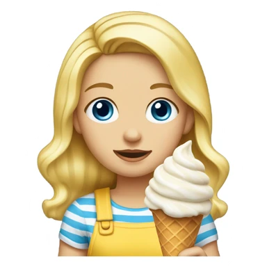 Girl with blonde hair, blue eyes, yellow striped shirt, holding vanilla ice cream cone sticker