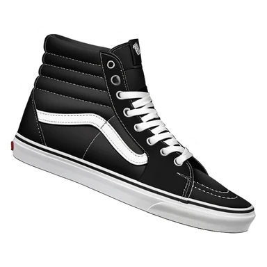 Ultra simplified pair of black Vans Sk8-Hi shoes in iOS emoji style, one positioned behind the other, flat colors, minimal design, essential details only sticker