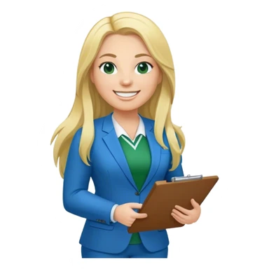Full Body white plus size female basketball head coach with long blonde hair in a blue and green suit smiling holding clipboard sticker