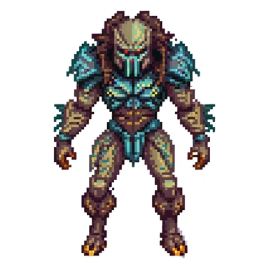 Make the pixel art Predator more menacing with a sharper mask, glowing eyes, an aggressive stance, and darker colors. Remove the background to isolate the subject. sticker