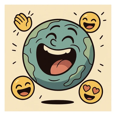 a planet with a wide open mouth, laughing, surrounded by floating emojis, colorful and lively, cartoon style sticker