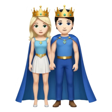 Prince with crown, blue cape and trousers, body and legs, black hair, blue eyes, woman blonde hair, green eyes, sexy white short sleveless dress,  sticker
