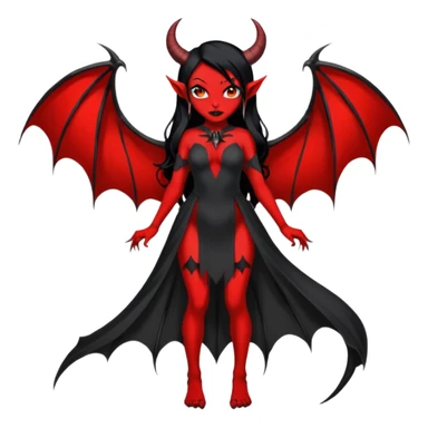 Full red-skin demon girl (entire body red), long black hair, small red horns, pointed ears, single bat wing, black open-back dress, bold tattoo-flash comic linework, red/black/gray, dark background, no text. sticker