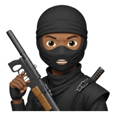 A black male in a ninja mask with a gun sticker