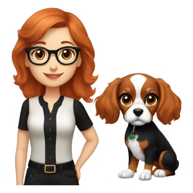 Auburn red-haired girl with bangs and short hair and black glasses and black clothes presenting a Blenheim Cavalier puppy sticker