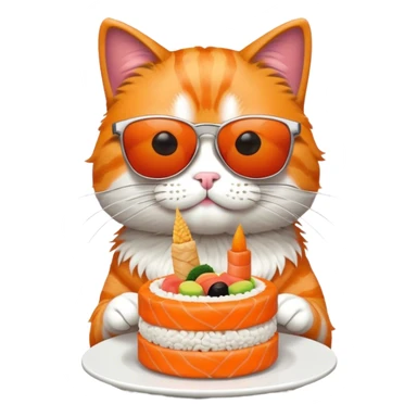 cool cat wearing sunglasses eating a birthday cake made out of sushi sticker
