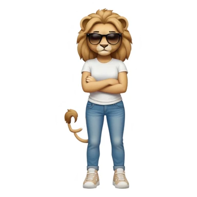 confident anthropomorphised female lion, full body, arms folded, wearing jeans, white t-shirt, dark sunglasses, trainers, looking determined sticker