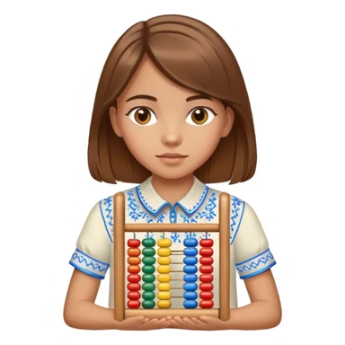 A Ukrainian girl with brown hair in an embroidered shirt holds an Abacus sticker