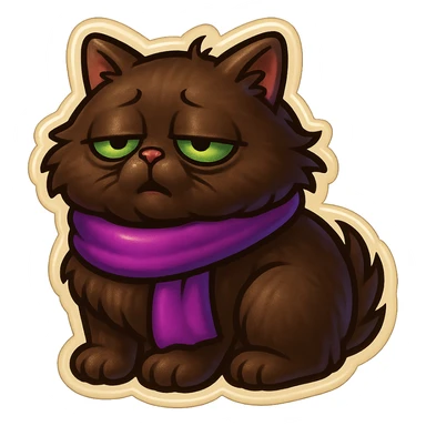 Fluffy sleepy tired dopey cute dark-brown cat with green eyes and a purple scarf  sticker