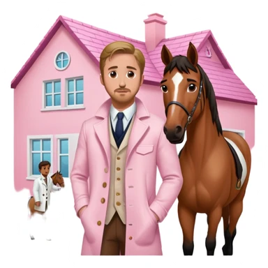 Ken playing by Ryan Gosling  in a pink house wearing a white coat standing next to a horse a horse ￼￼ sticker