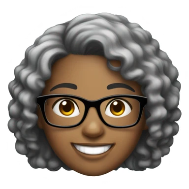 girl with black curly hair, square glasses and a big smile sticker