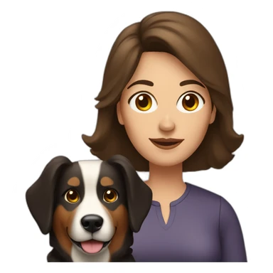 middle aged brunette woman with medium hair and shepard dog sticker