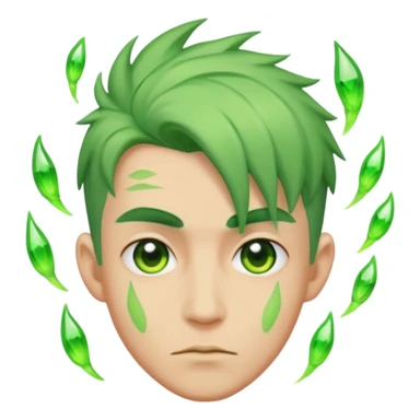 Make an emoji of a 🙎🏼‍♂️with green hair spiking up with a green aura around him sticker