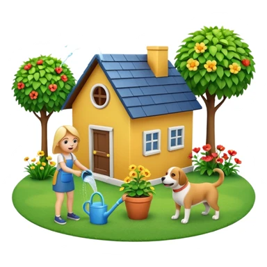 Make a 3D emoji Illustration of A house and there is a woman watering her plants while a dog is playing around on the grass sticker