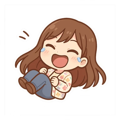 chibi sticker of a girl with brown straight hair and brown eyes, wearing a pastel floral cardigan and jeans, rolling on the floor laughing, white outline, transparent background, 512x512px sticker