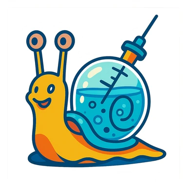 a snail with a transparent shell filled with liquid like a syringe, vibrant toon style, whimsical and colorful sticker