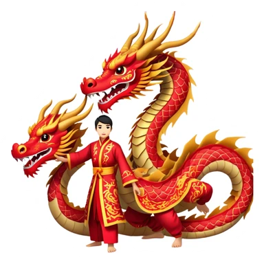 Cinematic Realistic scene of two performers guiding an elaborately designed dragon costume during a Dragon Dance, with vivid traditional patterns and dynamic motion, set under festive, red-tinged lighting sticker
