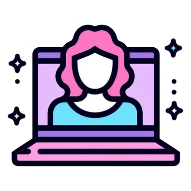 laptop computer with video chat interface on screen, pink and light blue colors, with neon glow lines, blue neon light on top left, purple neon light on bottom right sticker