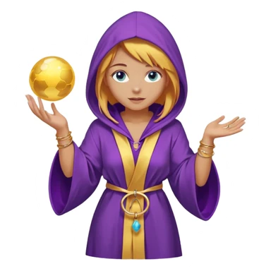 lightly tanned skin, blue eyes, cute and sexy girl with bright yellow-brown hair in a few shades of purple robe with hood, golden rings, slight cute makeup, full body, slightly turned aside pose, holding a magical ball (for future prediction) sticker
