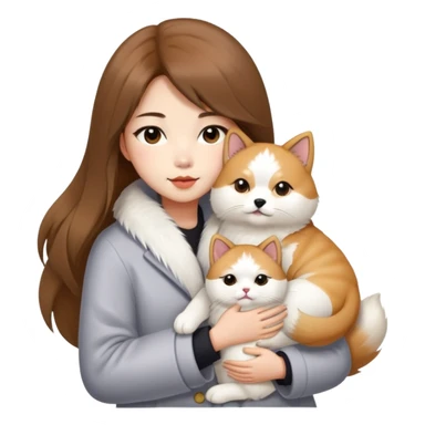 A Chinese fashion girl with brown hair, wearing a light gray fur coat, hugging a Shiba Inu and a long-haired white Persian cat. sticker