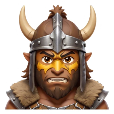 Clash of Clans aesthetic: Cinematic Fierce Barbarian Portrait Emoji, Poised and bold with a rugged yet cartoonish build in tattered furs and a horned helmet, expressive bright eyes and a confident smirk, Simplified yet dynamic features, highly detailed, glowing with a vivid, adventurous aura, high shine, heroic and spirited, stylized with an air of medieval warrior charm, focused and energetic, soft glowing outline, capturing the essence of a fearless barbarian adventurer ready to lead his clan with spirited valor! sticker