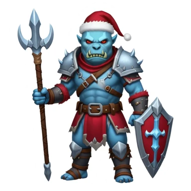 
Fantasy Christmas orc legion soldier icon, iron tundra army theme, heavy winter armor, disciplined brutal look, icy blue steel armor with deep crimson accents, frozen metal texture, cold winter atmosphere, clean readable emoji style
 sticker