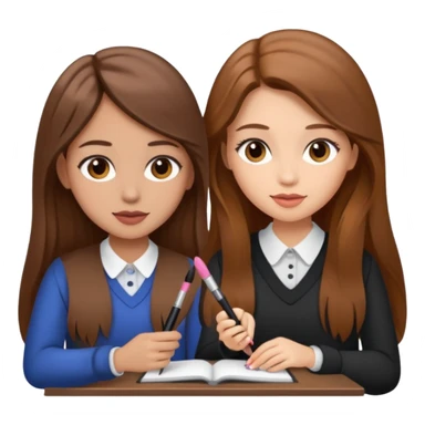 TWO BROWN HAIRED GIRLS DOING PROJECT IN  COMPANY, PROFESSIONAL AND CUTE , LONG HAIR MAKEUP sticker