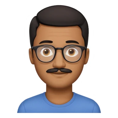 A friendly person with medium-brown skin, large warm brown eyes, thin rectangular glasses, a short mustache and small goatee, black hair. Rounded face, calm slight smile. Head-and-shoulders emoji style, bold outlines, simple shapes, bright colors, transparent background. sticker
