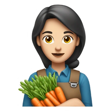 farmer brunette white woman with bunch of peas and carrots in her hands from the garden with gloves on, frowning sticker