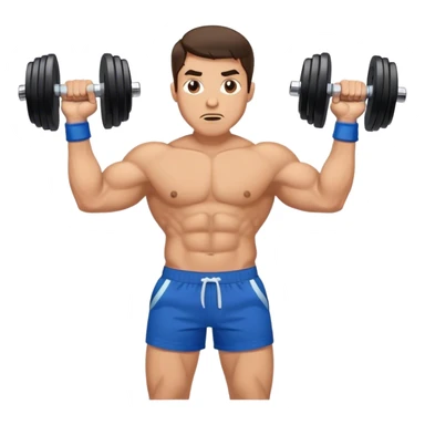 brunette buff man with blue shorts holding dumbbells and shrugging sticker