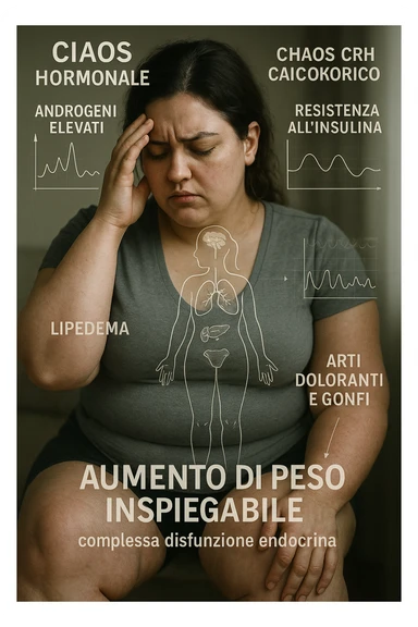 cinematic realistic in italiano Woman with PCOS struggling with hormonal chaos, transparent overlay showing elevated androgens and insulin resistance affecting her body, lipedema causing disproportionate fat accumulation in legs and arms despite normal torso, expression of frustration with unexplained weight gain, medical charts showing complex endocrine dysfunction, painful swollen limbs contrasting with metabolic confusion in italiano sticker