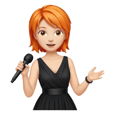 singer, Middle age, orange hair, happy, holding mic, wearing dress sticker