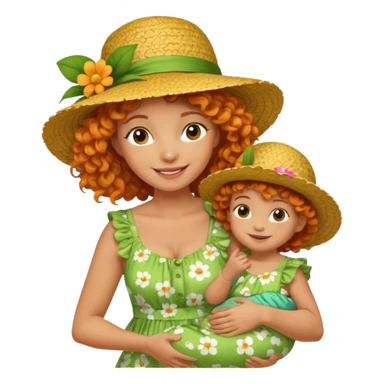 A cheerful orange curly hair mom in a straw hat carrying her child, wearing a green flowery dress sticker