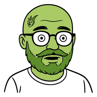 Edit the image to depict a bald man with a green beard, glasses, and face tattoos in the same memoji style. Remove the background. sticker