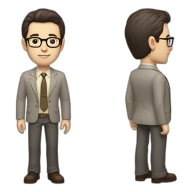 Full height Pale skinned Fit Man With dark brown hair in gray jacket, beige office shirt, tie, Brown pants and vintage glasses. Thrumbs of his palms directed up sticker